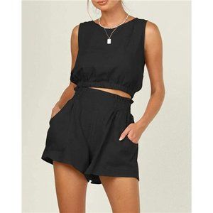 AUTOMET Women’s Summer 2 Piece Outfits Shorts Sets Sleeveless Round Neck Crop To
